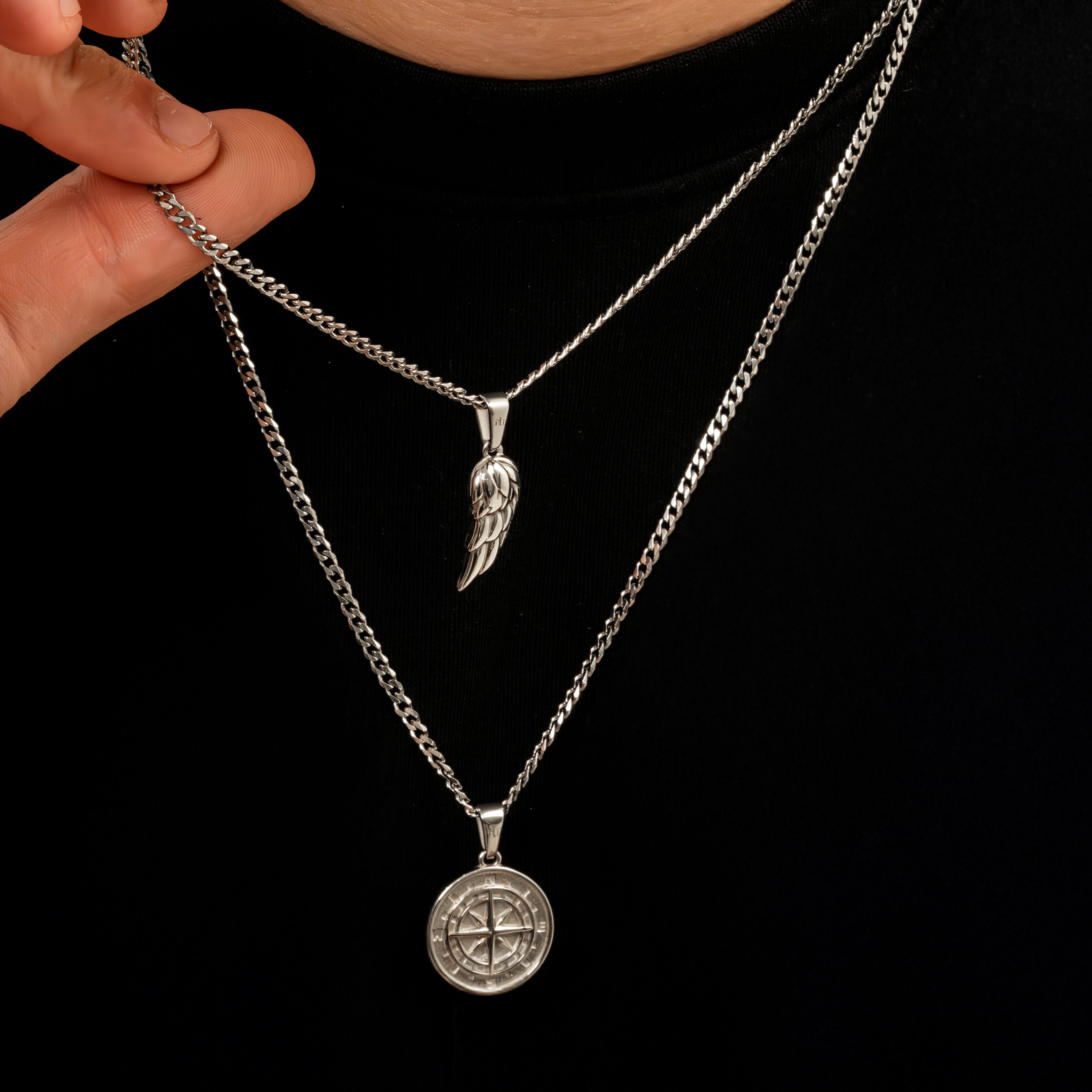 Silver Compass Necklace Silver Wing Necklace