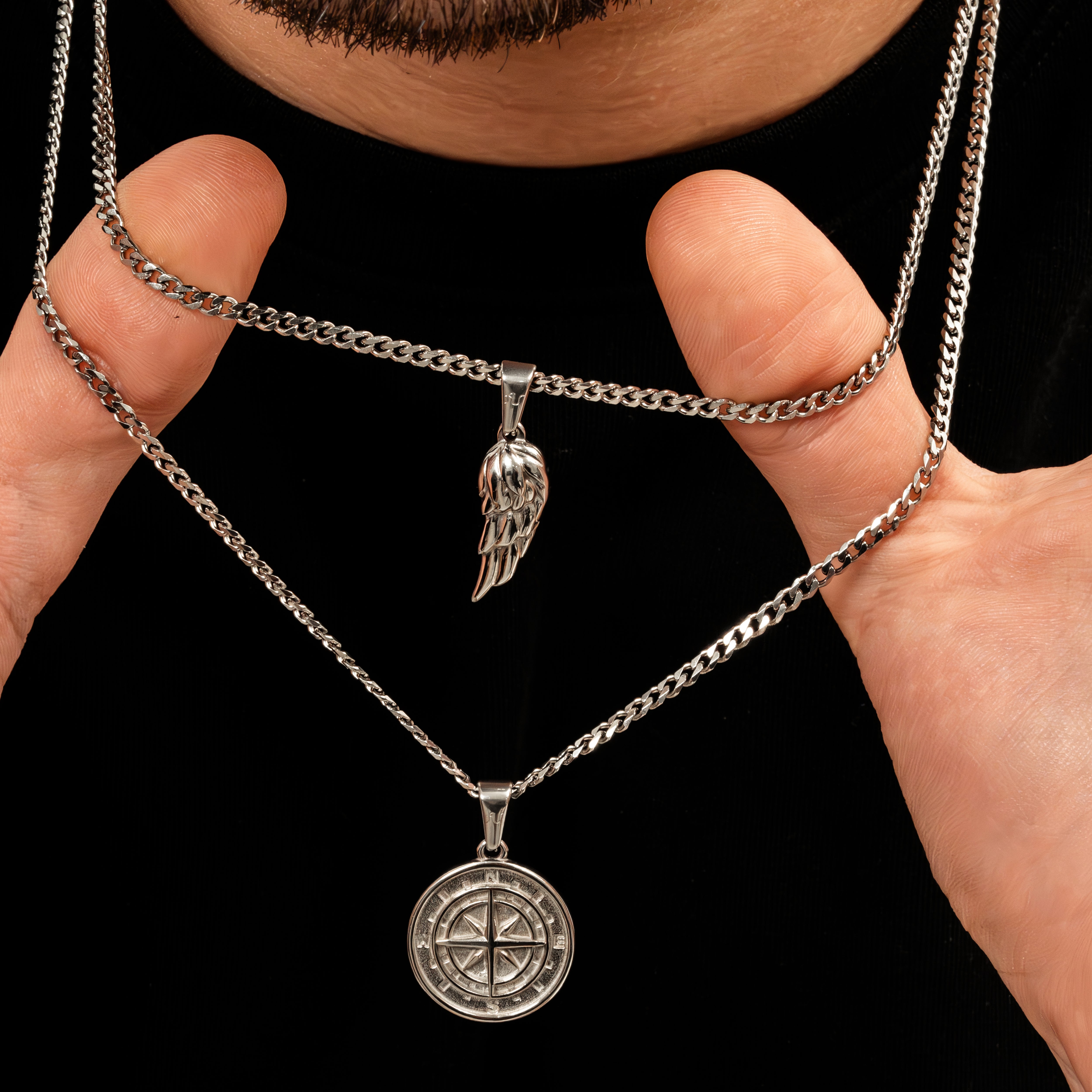 Silver Compass Necklace Silver Wing Necklace