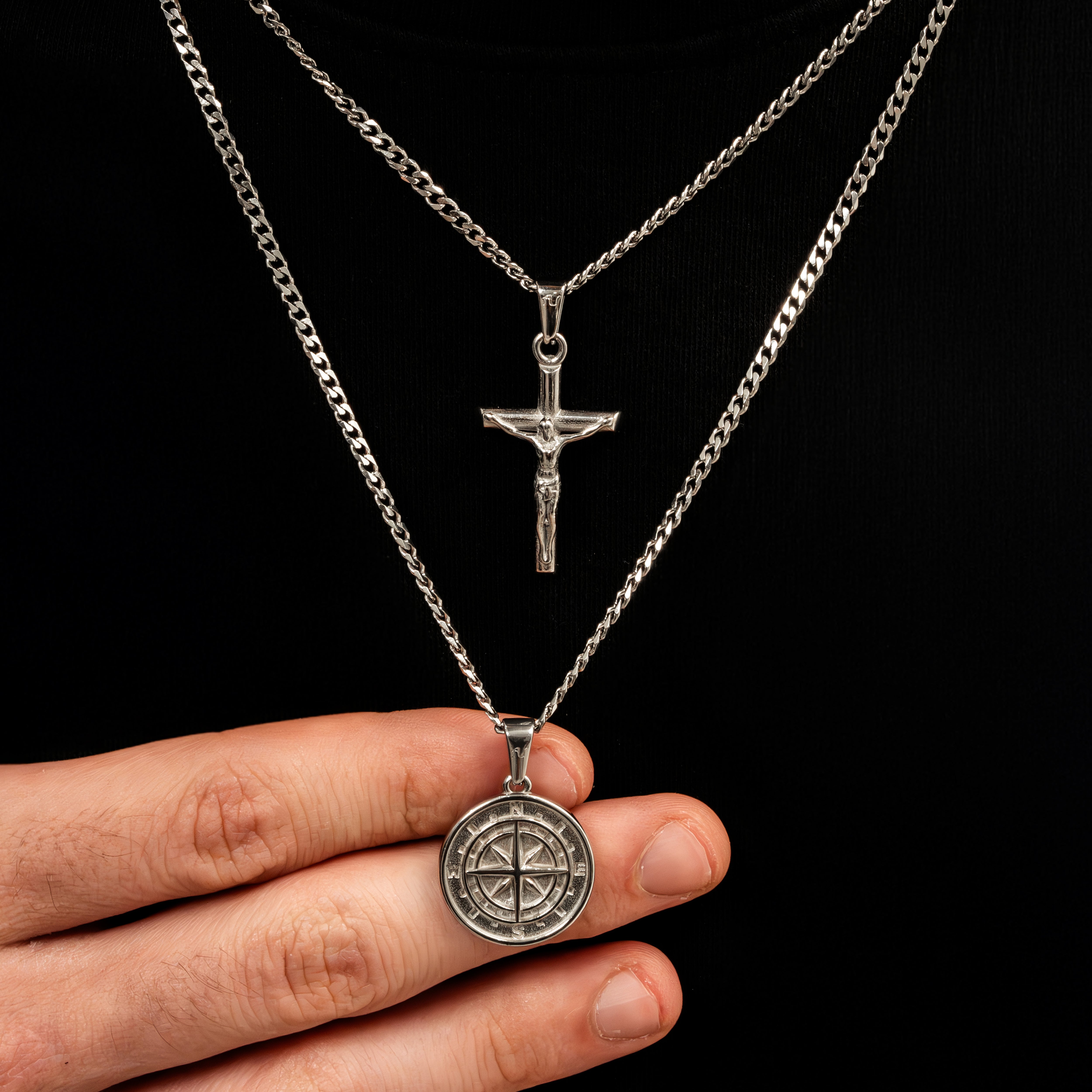 Silver Cross Necklace Silver Compass Necklace