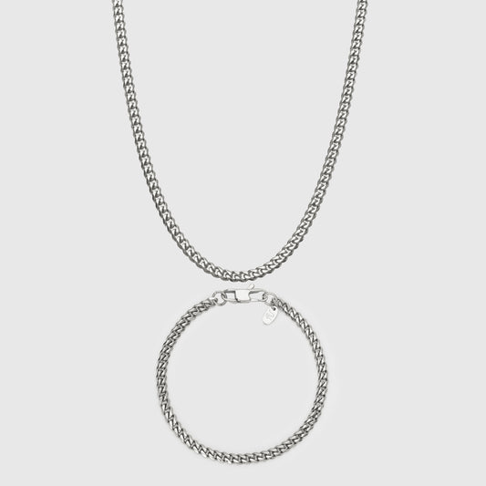 Silver Cuban Link Chain and Bracelet Set