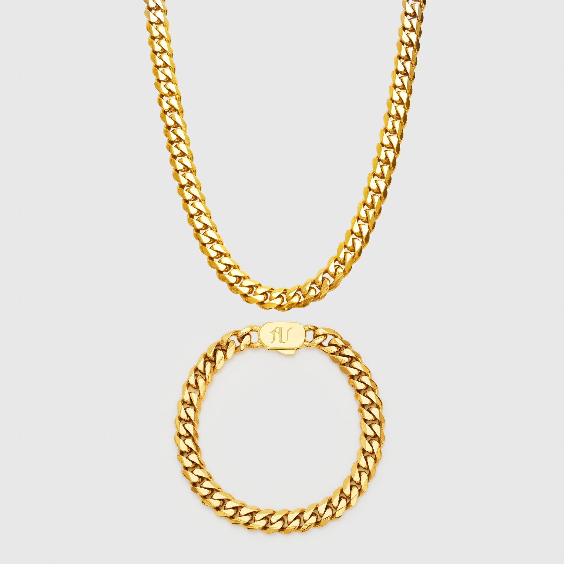Gold Cuban Link Chain and Bracelet Set