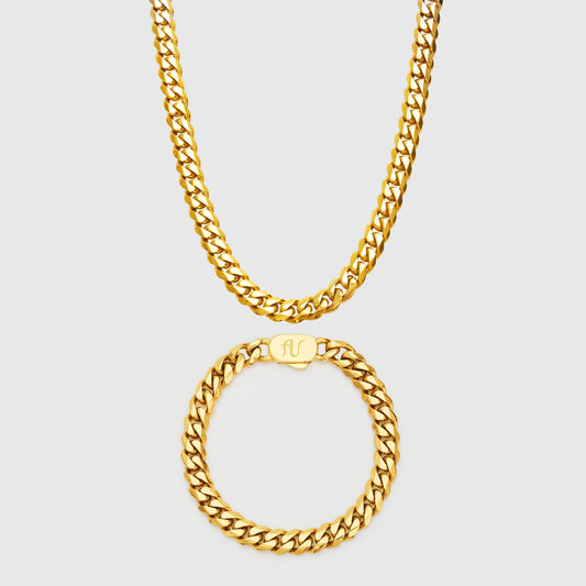 Gold Cuban Link Chain and Bracelet Set