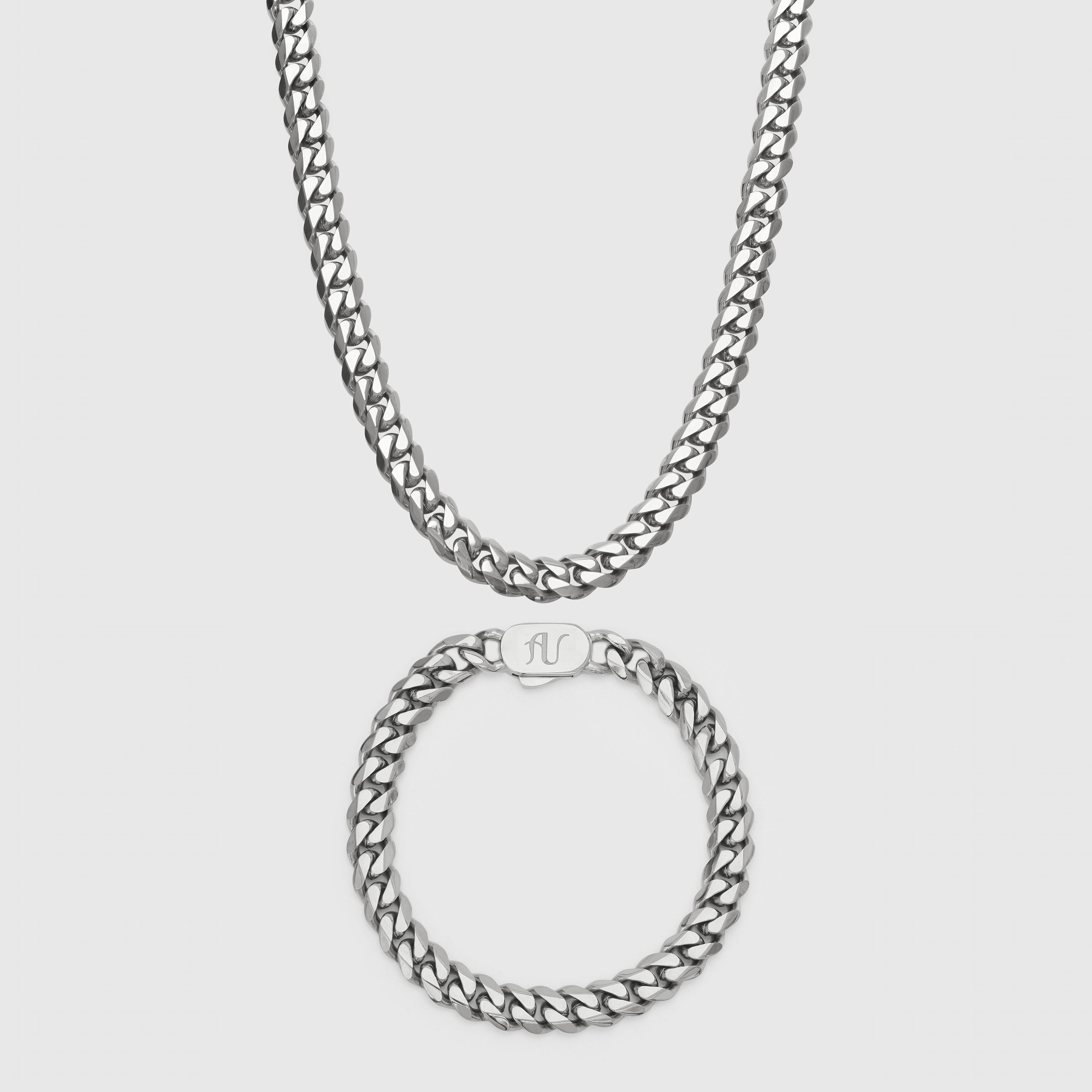 Silver Cuban Link Chain and Bracelet Set