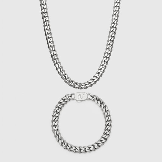 Silver Cuban Link Chain and Bracelet Set