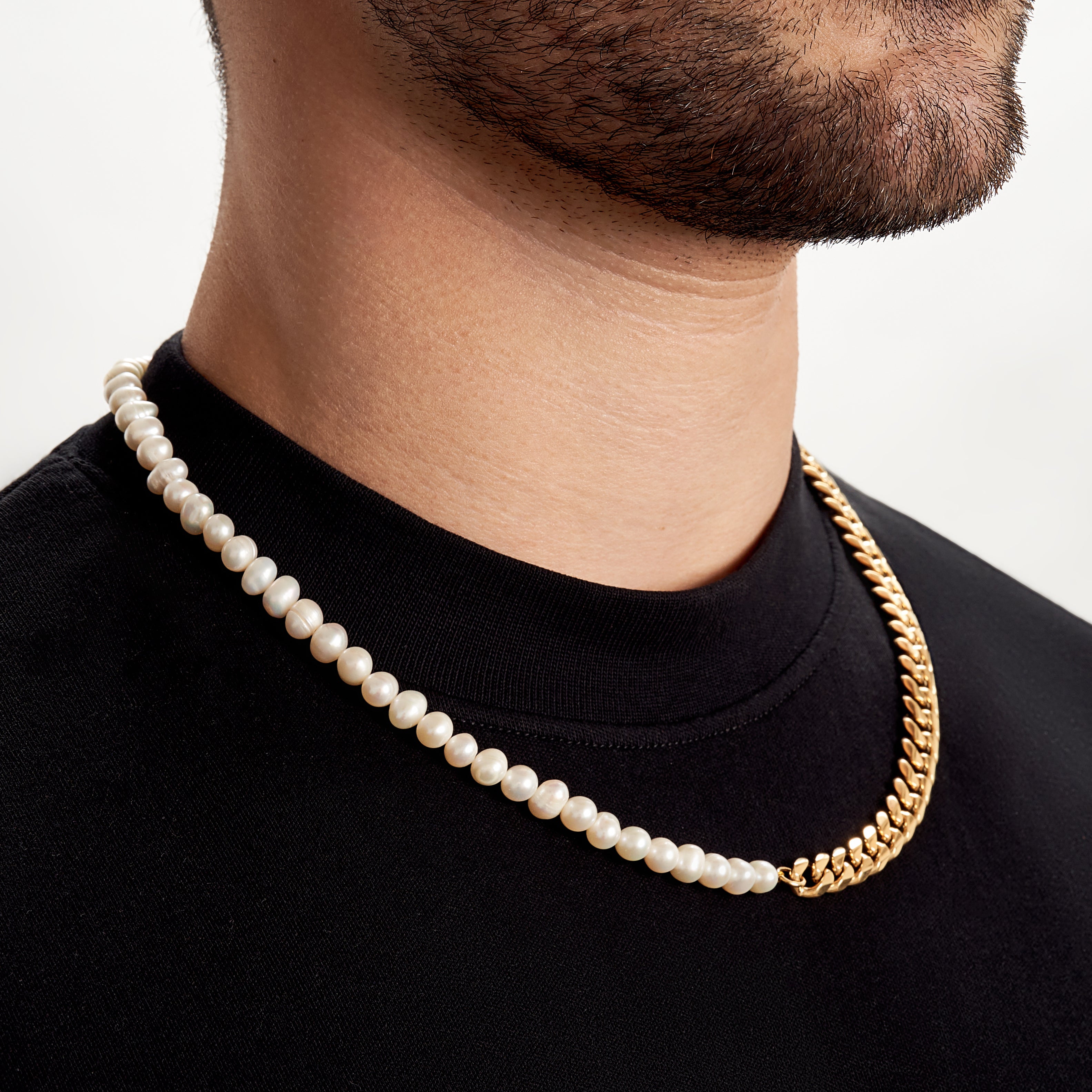 half pearl half chain necklace Mens Pearl Necklace