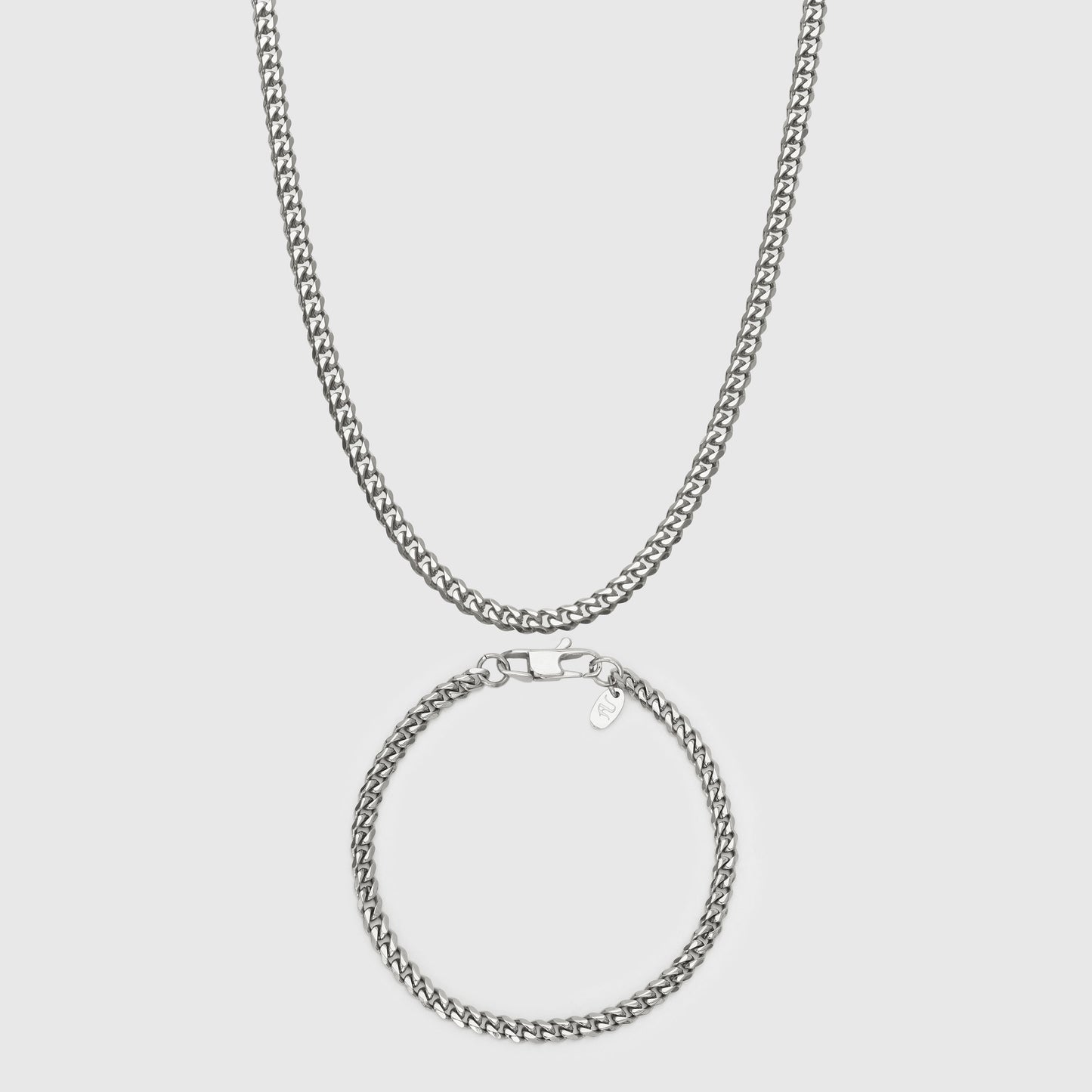 Silver Cuban Link Chain and Bracelet Set