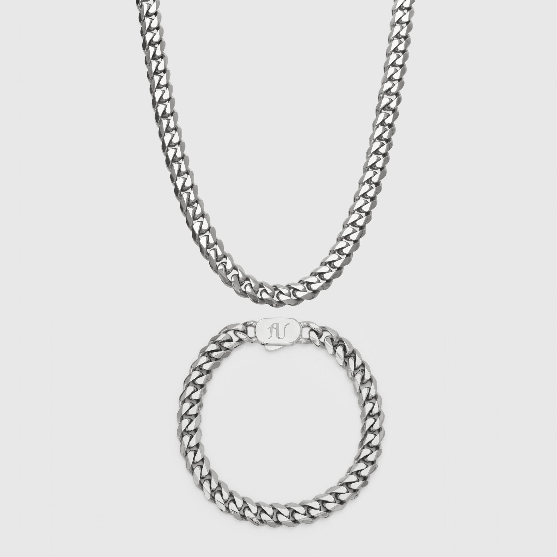 Silver Cuban Link Necklace Bracelet Men's Jewellery