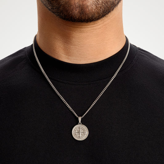 Silver Compass Pendant Necklace Men's Jewellery