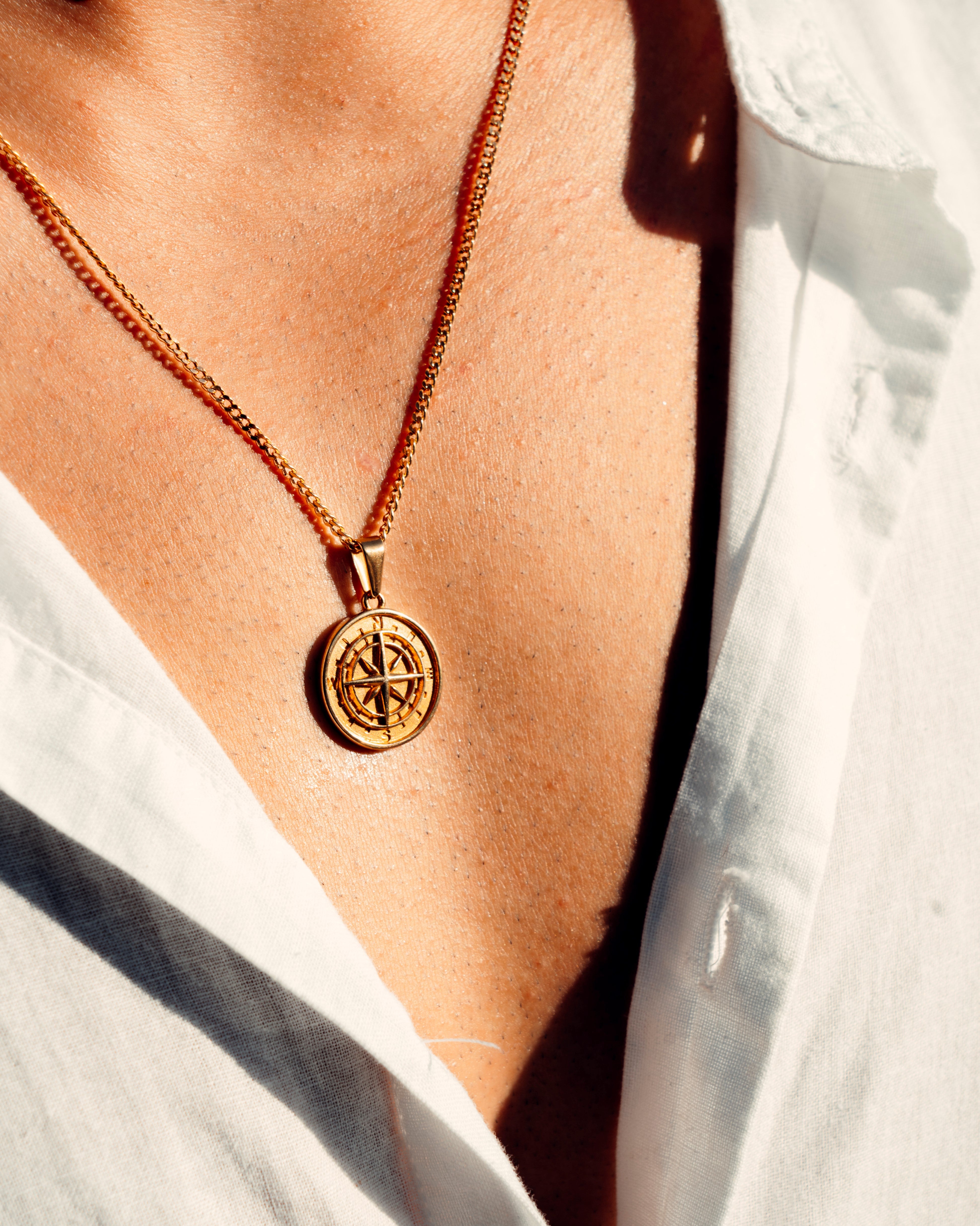 Mini disc necklace with engraved compass in solid gold: 10K, 14K or 18K